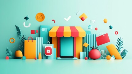 A vibrant and colorful illustration of a small shopfront surrounded by various shopping elements, symbolizing modern retail, online shopping, and consumer culture.