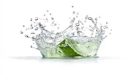 Lime wedge splashing into water, creating a crown-shaped wave with droplets.