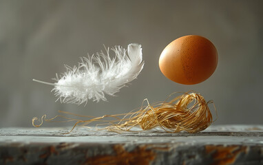 Feather and egg in surreal drift. A white feather and a brown egg float above a straw nest, highlighting lightness and balance.