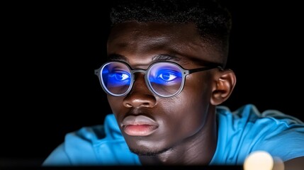 Obraz premium Man with glasses, blue light reflecting in eyes, dark background.