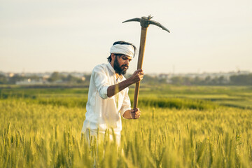 A Pakistani Indian farmer wearing traditional white clothing and a turban holds a pickaxe while tending to a lush green wheat field under warm sunlight.