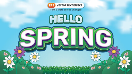 Text effect Hello Spring with flowers and grass