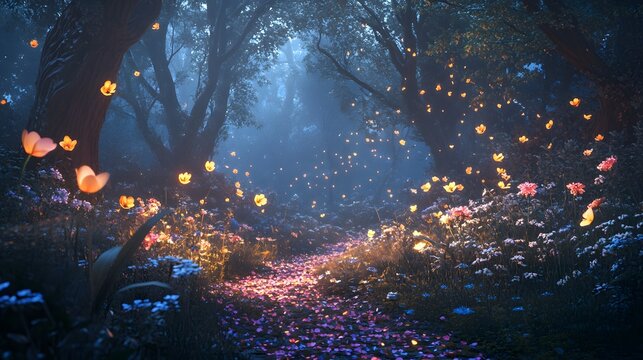 A mysterious enchanted forest with glowing petals from freshly picked flowers