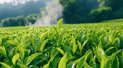 Lush green tea leaves thrive in a sunlit field, creating a serene and vibrant landscape of nature's bounty.