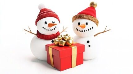  Cute Snowmen with a Red Gift Box Adorned with a Golden Bow