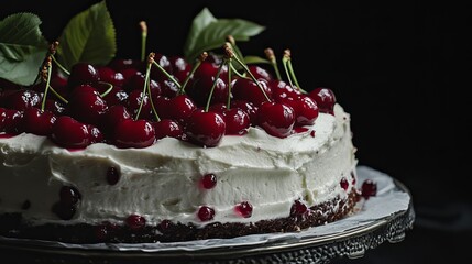 Decadent Big Cake Topped with a Mountain of Juicy Cherries