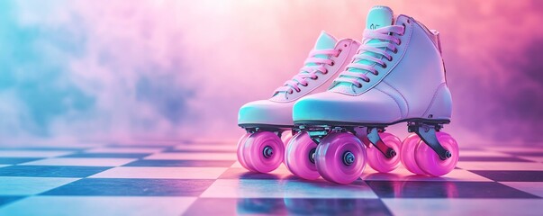 A vibrant close-up of stylish roller skates, showcasing pink wheels and a soft-lit background. Perfect for evoking a sense of fun and nostalgia in leisure activities.