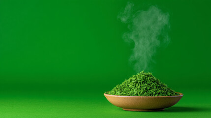 A steaming bowl of green tea leaves sits on a vibrant green background, exuding freshness and an inviting aroma.