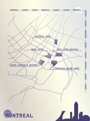 Fototapeta premium Montreal map, detailed atlas poster with roads, landmarks plan. Vector Canada, Quebec province city scheme layout, vertical graphic design for flyer, leaflet, print, cover