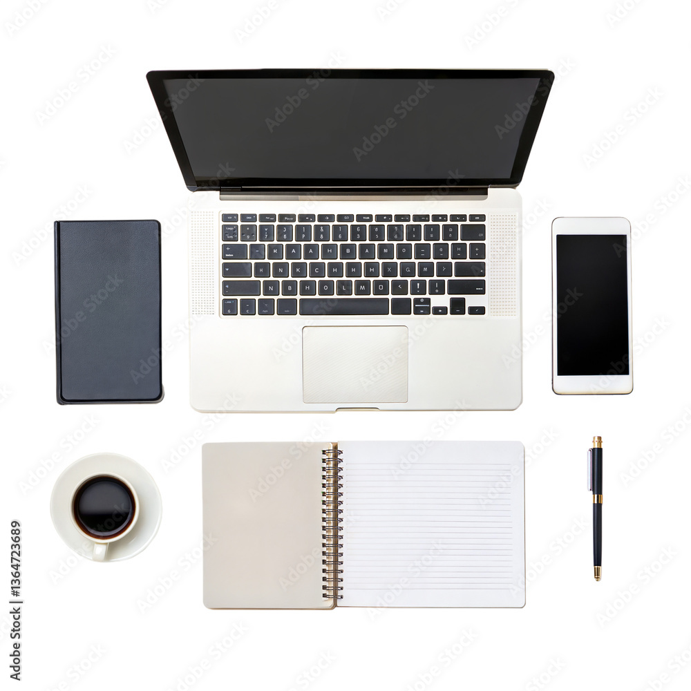 Poster notebook and pen beside a set of computer on a white surface