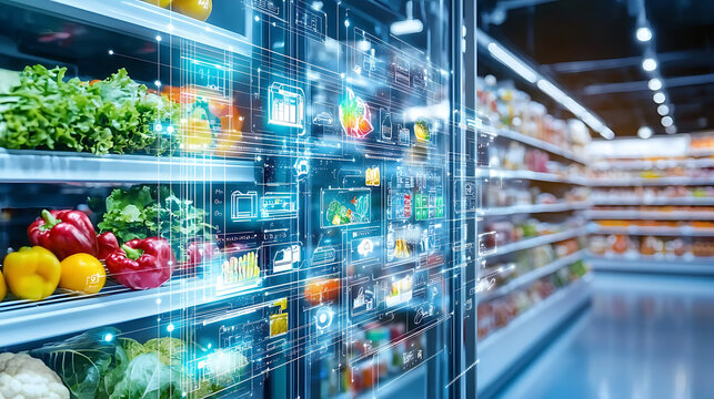 Smart shopping experience supermarket digital content modern retail environment close-up view technology integration