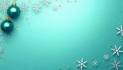 Fototapeta premium Festive Teal Christmas Background with Ornaments and Snowflakes Decoration