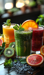 Fototapeta premium Fresh fruit and veggie juices. Colorful juices made from fresh fruits and vegetables are elegantly arranged on a wooden table with mint leaves.