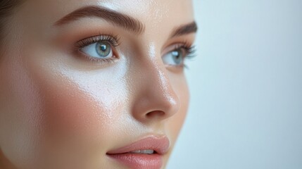 Fototapeta premium A womana??s face glowing after a medical face treatment smooth skin texture ultra-HD macro close-up emphasizing hydration and rejuvenation.