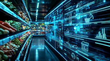 Grocery shopping experience supermarket digital display modern environment aisle perspective technology integration