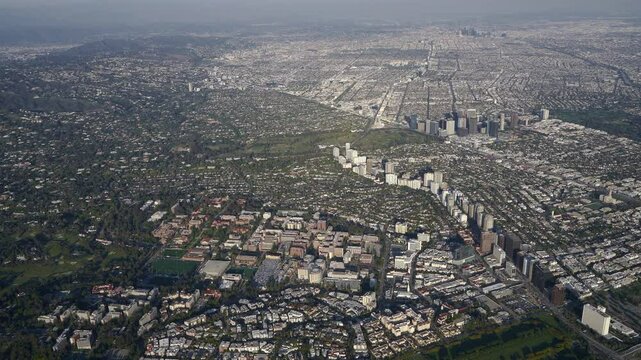 Aerial view of UCLA with Downtown Los Angeles in the background