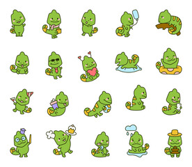 Chameleon character set featuring adorable cartoon animals expressing emotions, wearing accessories, and enjoying everyday moments for yours illustration and creative designs projects