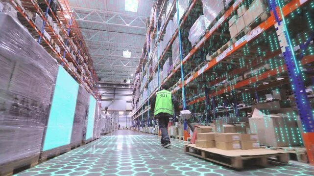 A warehouse worker carrying a rockla with cardboard boxes through a large warehouse. A storekeeper picks goods in an alcoholic beverage warehouse. Smart logistics concept. Warehouse Order Picking.