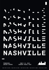 Nashville typography minimalist vector poster for event, country music festival, holiday layout. Brochure, leaflet, flyer, advertising image template with text, black and white for USA, Tennessee city