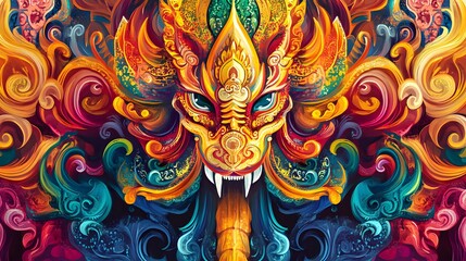 Vibrant mural featuring mythical creature, colorful designs, street art theme, decorative urban expression, eye-catching details.