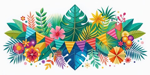 Geometric Summer Vacation Banner: Flat Illustration of Tropical Travel & Flowers