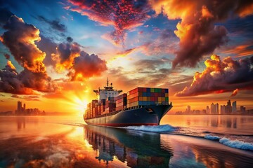 Global Trade Sunset: Cargo Ship Sailing Colorful World Map