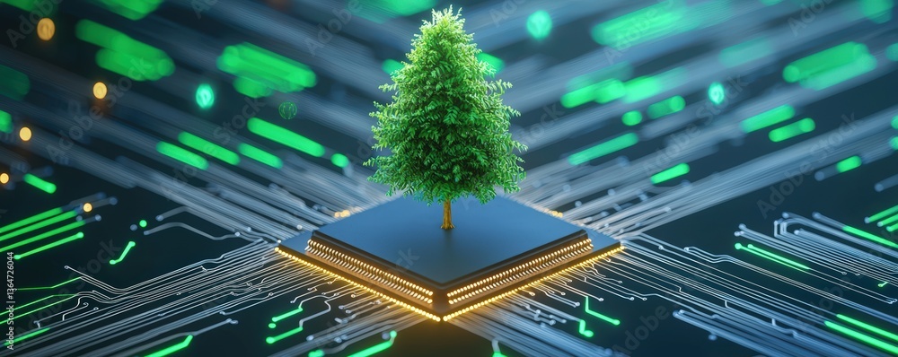Poster a digital tree grows from a microchip, symbolizing the intersection of technology and nature with vi