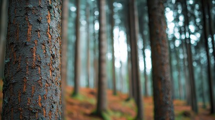 Fototapeta premium A close-up of tree bark texture merging into a forest silhouette, Conifer,Tree,Gymnosperms,OrganismsForests