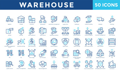 Warehouse icons set with logistics, storage, inventory, distribution, warehouse management, supply chain, fulfillment, material handling, shipping, receiving icon. Simple outline color vector 

