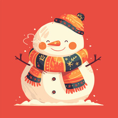 Cute snowman with scarf and hat. Funny friendly snowman.