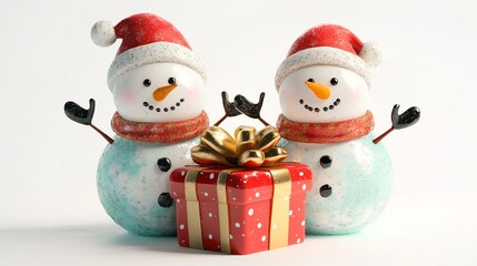  Cute Snowmen with a Red Gift Box Adorned with a Golden Bow