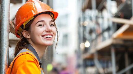 Construction worker smiling at job site urban environment portrait photography optimistic mood