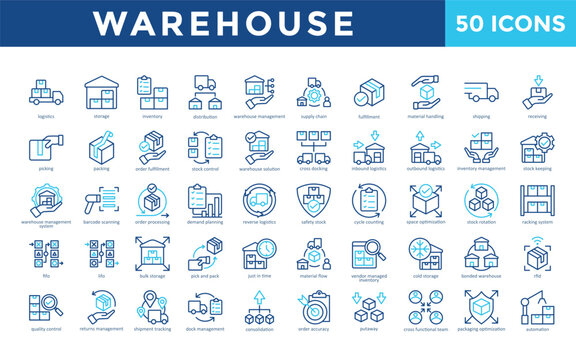 Warehouse icons set with logistics, storage, inventory, distribution, warehouse management, supply chain, fulfillment, material handling, shipping, receiving icon. Simple outline color vector 
