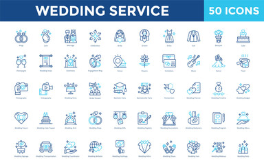 Wedding Service icon set with rings, love, marriage, celebration, bride, groom, dress, suit, bouquet, cake icon. Simple outline color vector 
