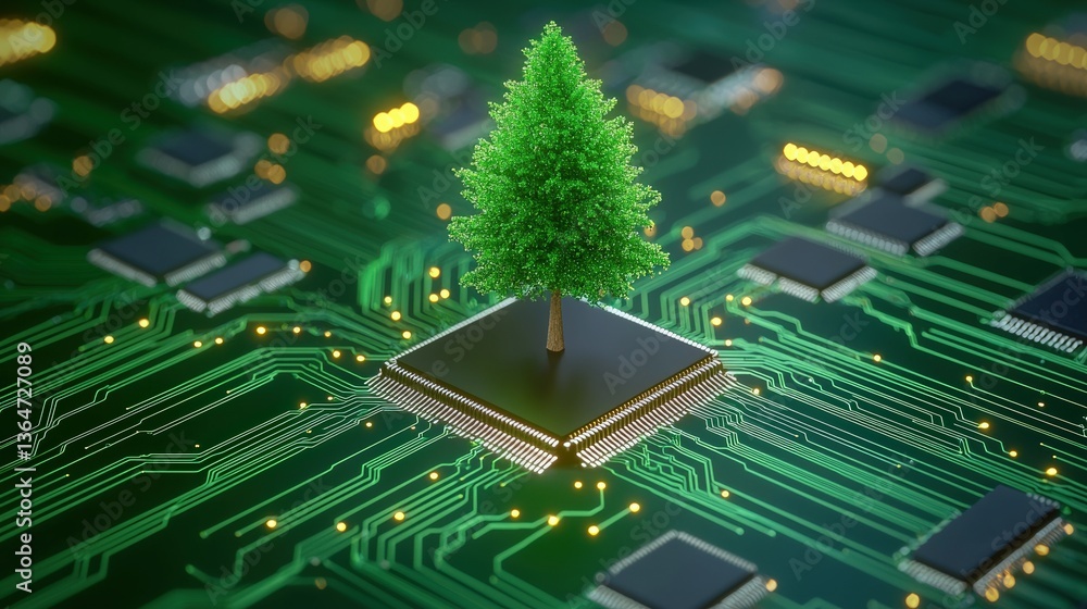 Poster a miniature tree grows from a computer chip, symbolizing the intersection of technology and nature, 