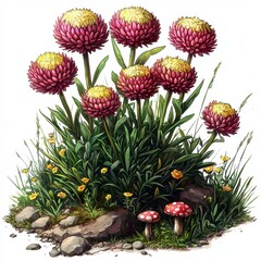 Vibrant Cluster of Paper Daisy Flowers with Mushrooms and Rocks