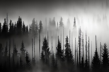 Eerie Forest Silhouette in Foggy Monochrome Landscape Perfect for Mystery Novels