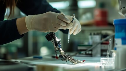 A biomedical engineer developing smart prosthetics with tactile feedback, high-tech lab with real-time sensor testing and motion simulation, Scientific style