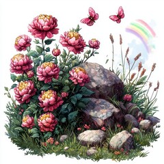 Fototapeta premium Vibrant Pink Peonies and Butterflies Beside a Rocky Outcrop with a Rainbow