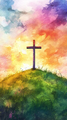 Obraz premium cross on a hill silhouette, abstract religious landscape painting with sunset and clouds, faith and spirituality symbol in nature, christian art in painterly style