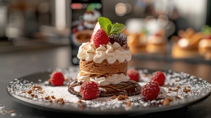 Gourmet dessert with fresh fruits and mint garnish on elegant plate