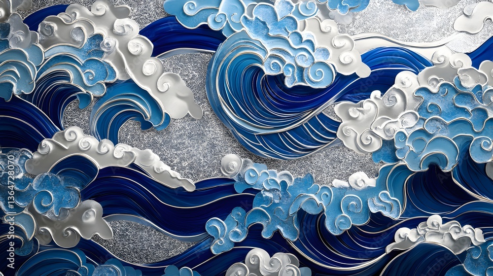 Aufkleber vibrant abstract ocean waves, swirling blue and white patterns creating a dynamic visual flow, ideal