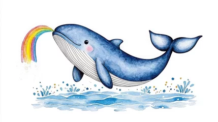 Whimsical illustration of a cheerful whale spraying water with a rainbow from its mouth
