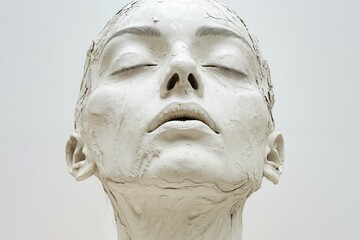 A sculpture of a woman's face covered in mud