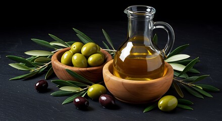 Olive Oil with Green and Black Olives in Wooden Bowls Display
