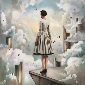 The surreal painting features a vintage-style woman on a concrete platform, surrounded by clouds, abstract structures, and birds, evoking a sense of isolation and contemplation.