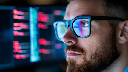 Tech professional analyzing data analytics in modern office environment close-up focused perspective