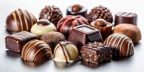 Luxurious Dark Chocolate Assortment on White Background - Night Photography