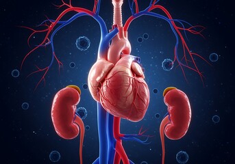 Human Heart and Kidneys Illustration with Veins and Arteries Connected