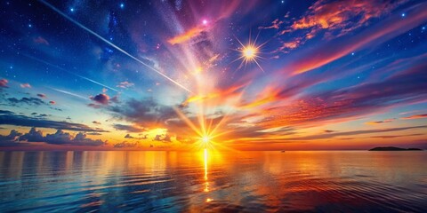Magical Sunset Seascape: Golden Sunbeams, Starry Sky, and Colorful Water Reflections